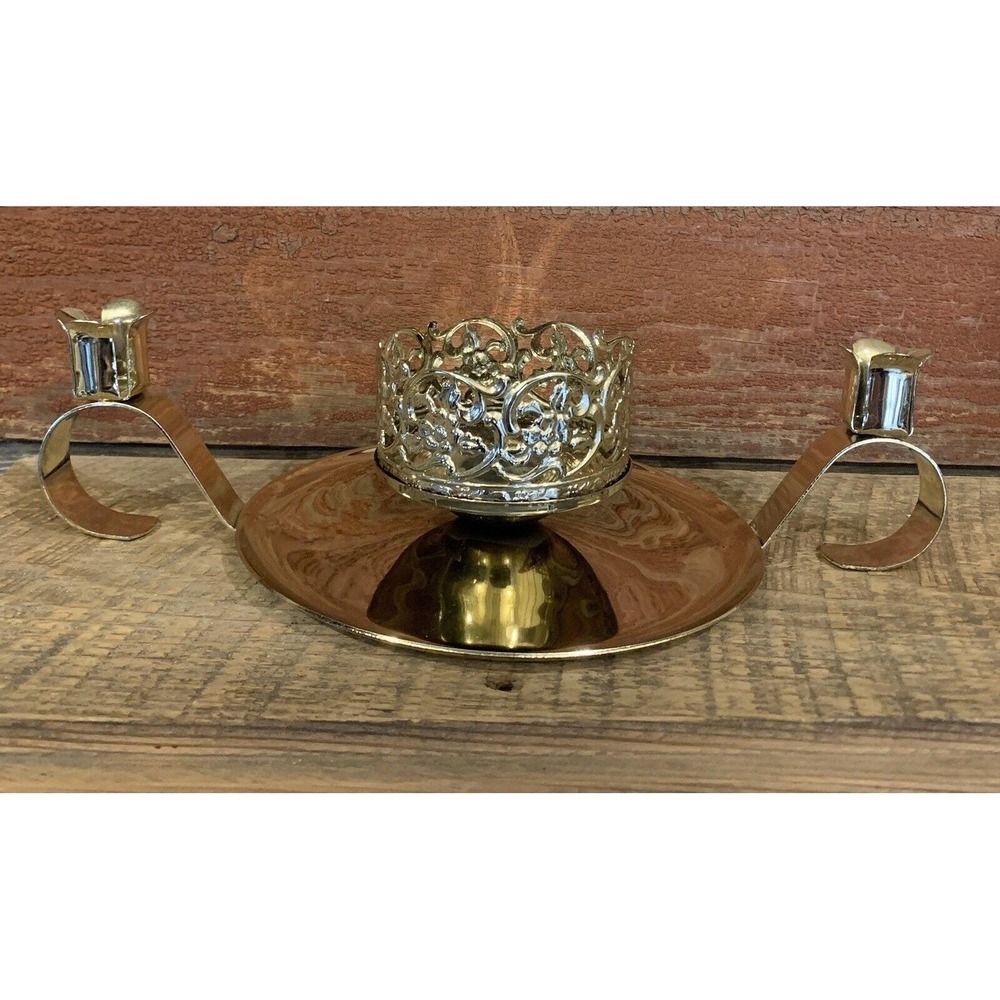 Candleholder Metal 3 Light Filigree Taper 3 inch Pillar Goldtone 11.5" Christmas